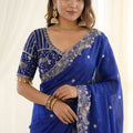 Royal Blue Fendy Satin Saree Heavy Embroidered Border Blouse Piece for Wedding
