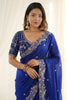 Royal Blue Fendy Satin Saree Heavy Embroidered Border Blouse Piece for Wedding