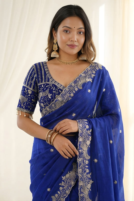Royal Blue Fendy Satin Saree Heavy Embroidered Border Blouse Piece for Wedding