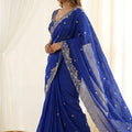 Royal Blue Fendy Satin Saree Heavy Embroidered Border Blouse Piece for Wedding