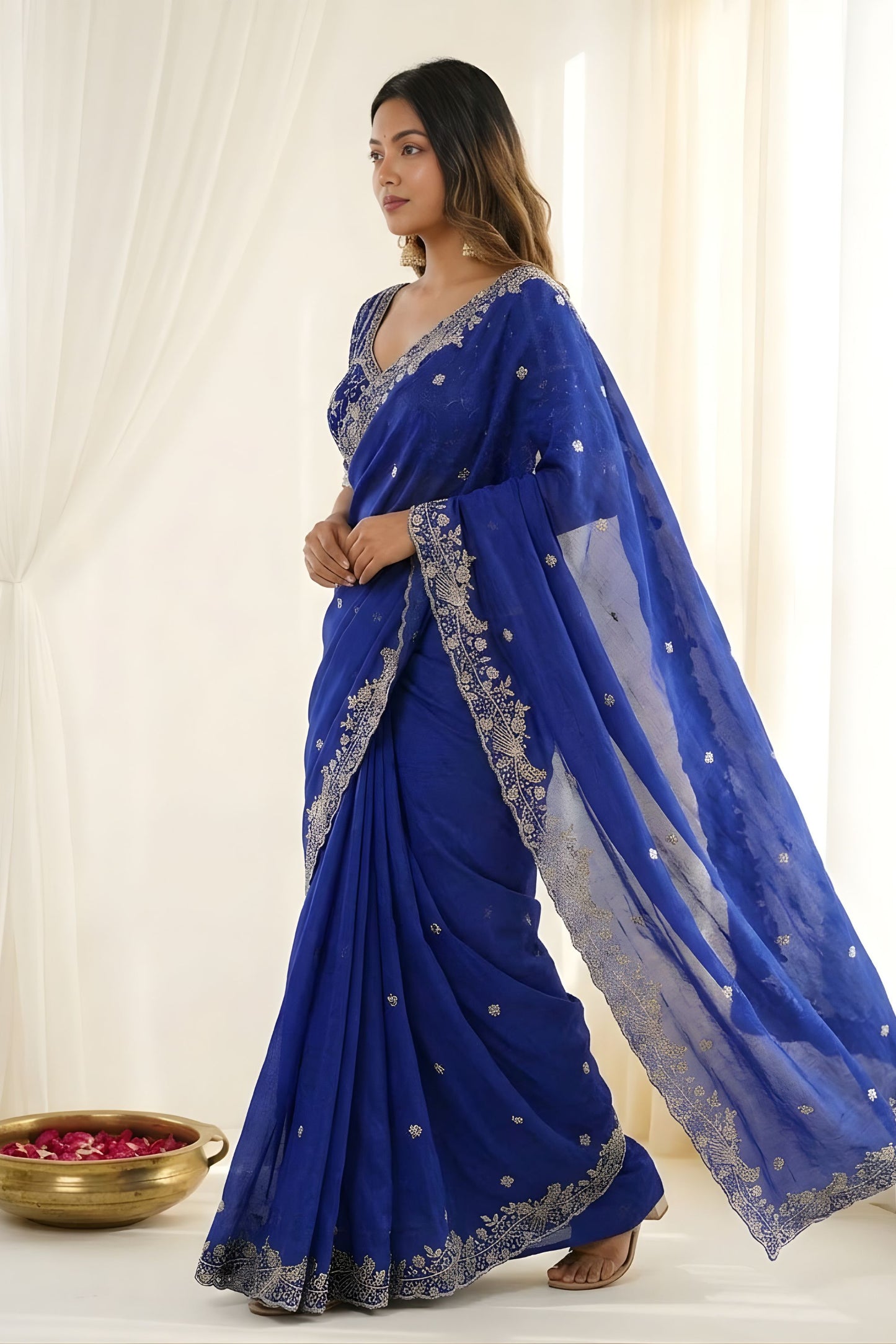 Royal Blue Fendy Satin Saree Heavy Embroidered Border Blouse Piece for Wedding