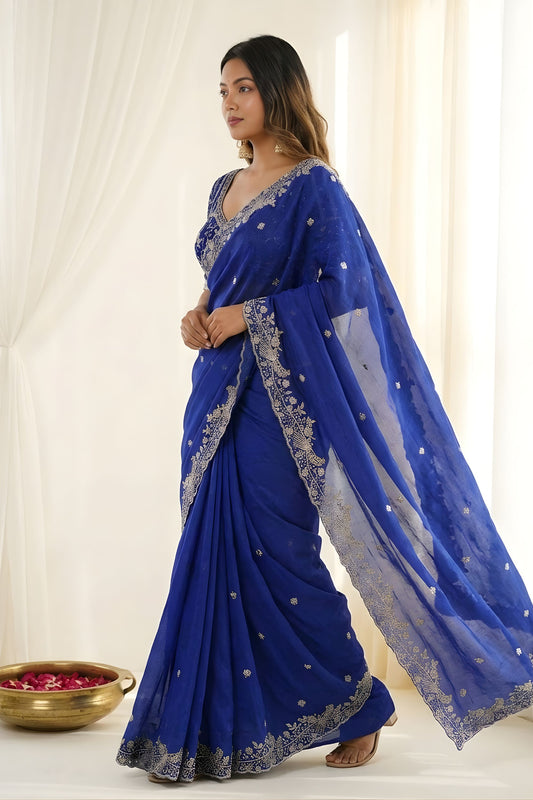 Royal Blue Fendy Satin Saree Heavy Embroidered Border Blouse Piece for Wedding