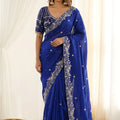 Royal Blue Fendy Satin Saree Heavy Embroidered Border Blouse Piece for Wedding
