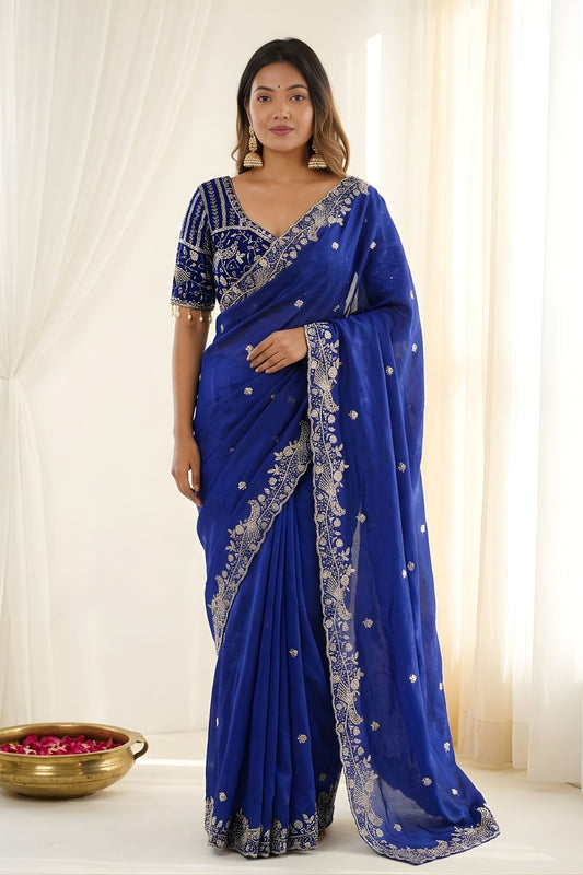 Royal Blue Fendy Satin Saree Heavy Embroidered Border Blouse Piece for Wedding