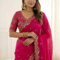 Beautiful Rani Pink Fendy Satin Saree Embroidered Border Blouse Piece for Wedding