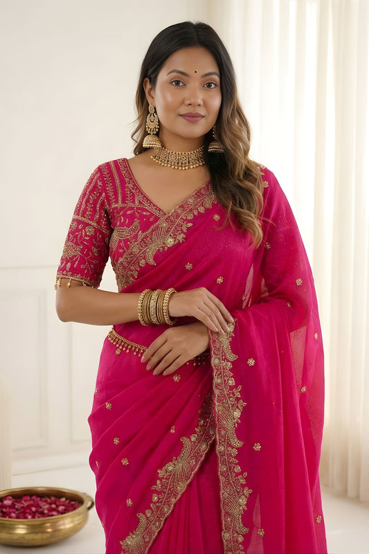 Beautiful Rani Pink Fendy Satin Saree Embroidered Border Blouse Piece for Wedding