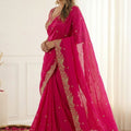 Beautiful Rani Pink Fendy Satin Saree Embroidered Border Blouse Piece for Wedding