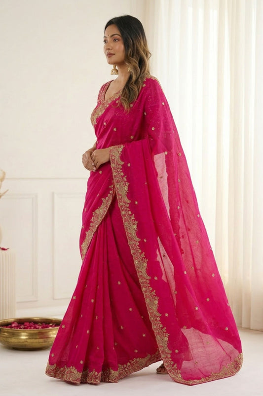 Beautiful Rani Pink Fendy Satin Saree Embroidered Border Blouse Piece for Wedding