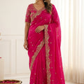 Beautiful Rani Pink Fendy Satin Saree Embroidered Border Blouse Piece for Wedding