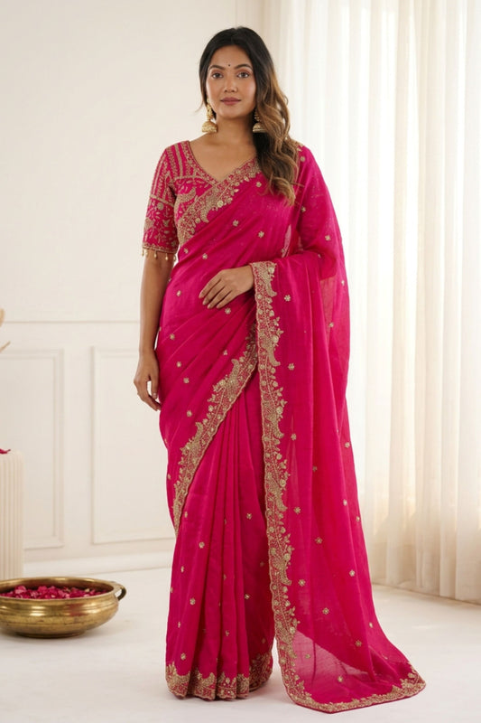 Beautiful Rani Pink Fendy Satin Saree Embroidered Border Blouse Piece for Wedding