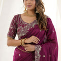 Wine Fendy Satin Saree Heavy Embroidered Border Blouse Piece for Wedding