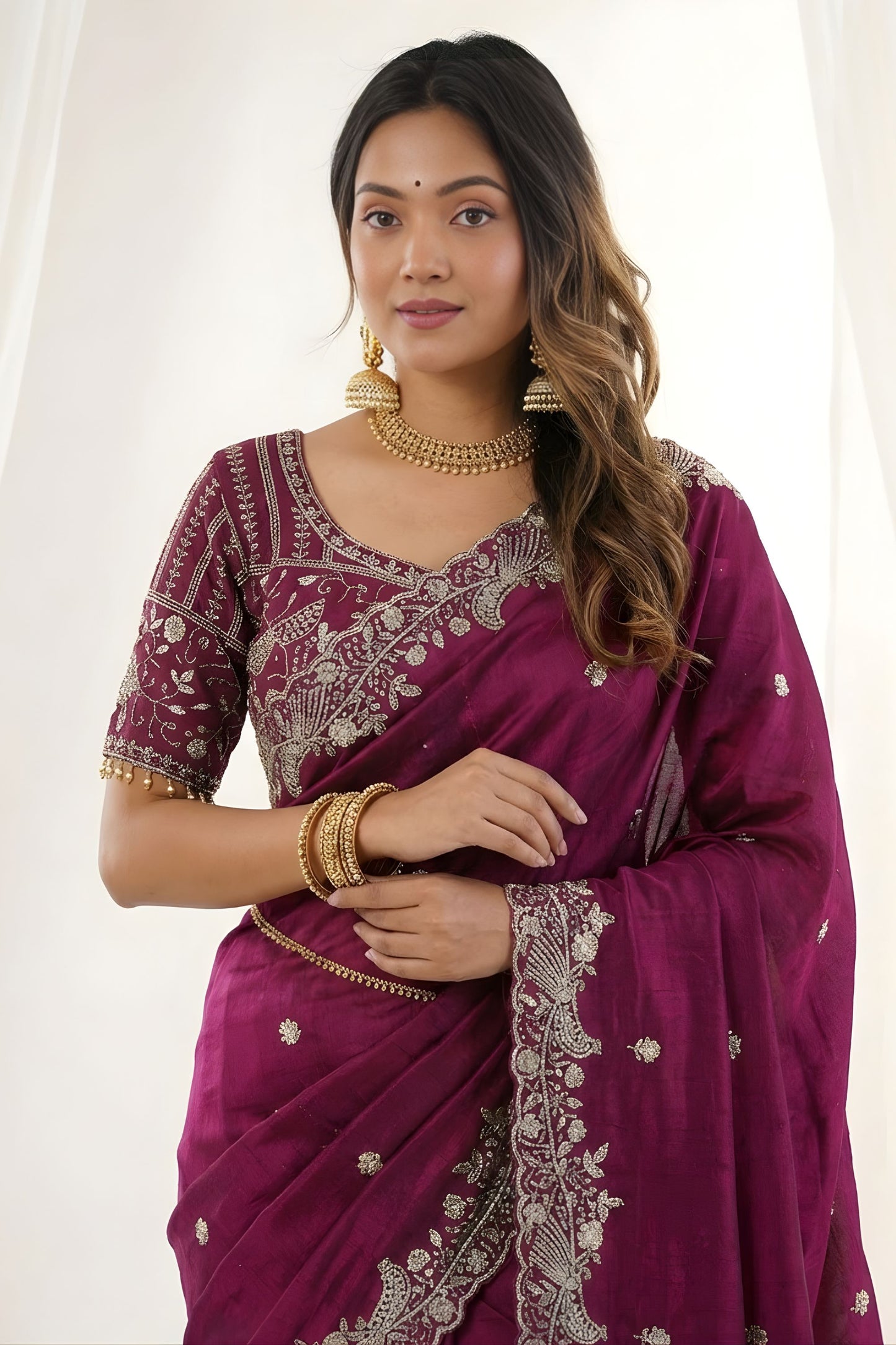Wine Fendy Satin Saree Heavy Embroidered Border Blouse Piece for Wedding