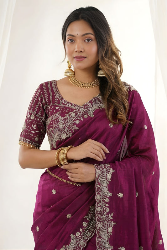 Wine Fendy Satin Saree Heavy Embroidered Border Blouse Piece for Wedding