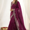Wine Fendy Satin Saree Heavy Embroidered Border Blouse Piece for Wedding