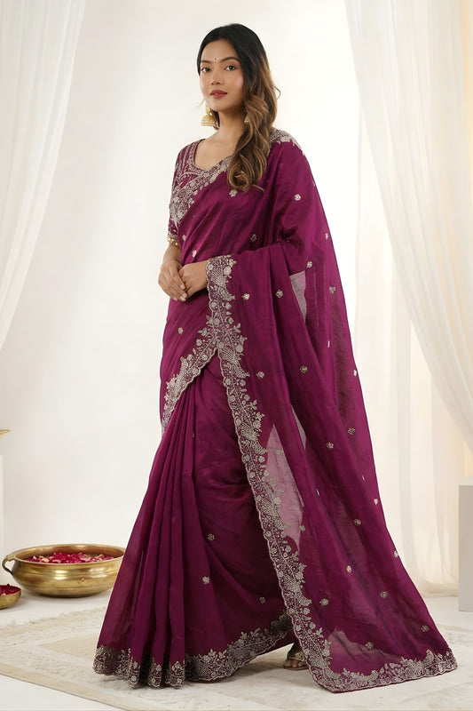 Wine Fendy Satin Saree Heavy Embroidered Border Blouse Piece for Wedding