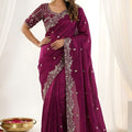 Wine Purple Fendy Satin Saree Heavy Embroidered Border Blouse Piece for Wedding 
