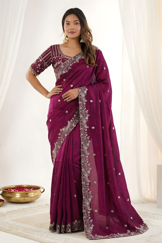 Wine Purple Fendy Satin Saree Heavy Embroidered Border Blouse Piece for Wedding 