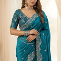 Blue Fendy Satin Saree Embroidered Border Blouse Piece for Wedding