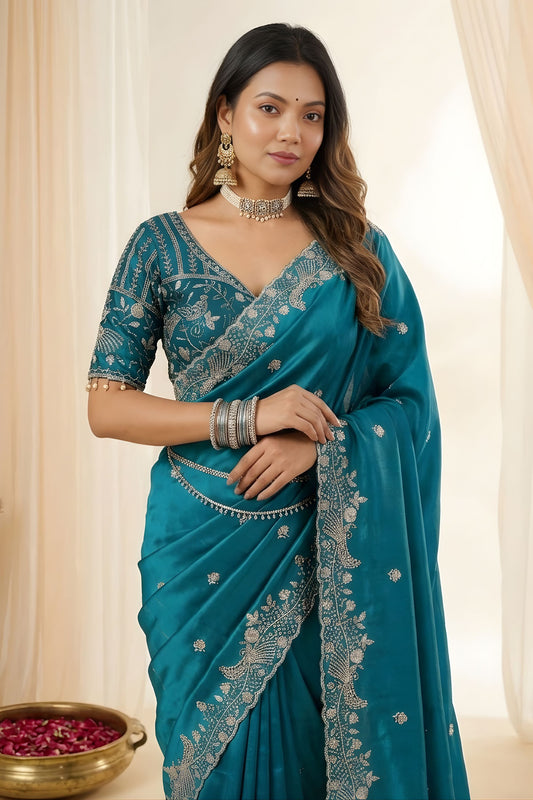Blue Fendy Satin Saree Embroidered Border Blouse Piece for Wedding