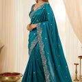 Blue Fendy Satin Saree Embroidered Border Blouse Piece for Wedding