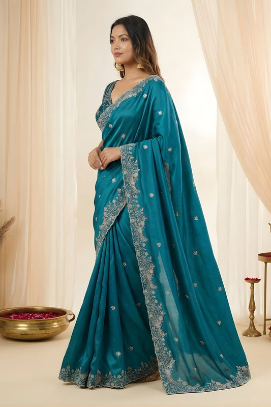Blue Fendy Satin Saree Embroidered Border Blouse Piece for Wedding