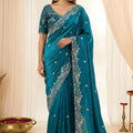 Teal Blue Fendy Satin Saree Embroidered Border Blouse Piece for Wedding