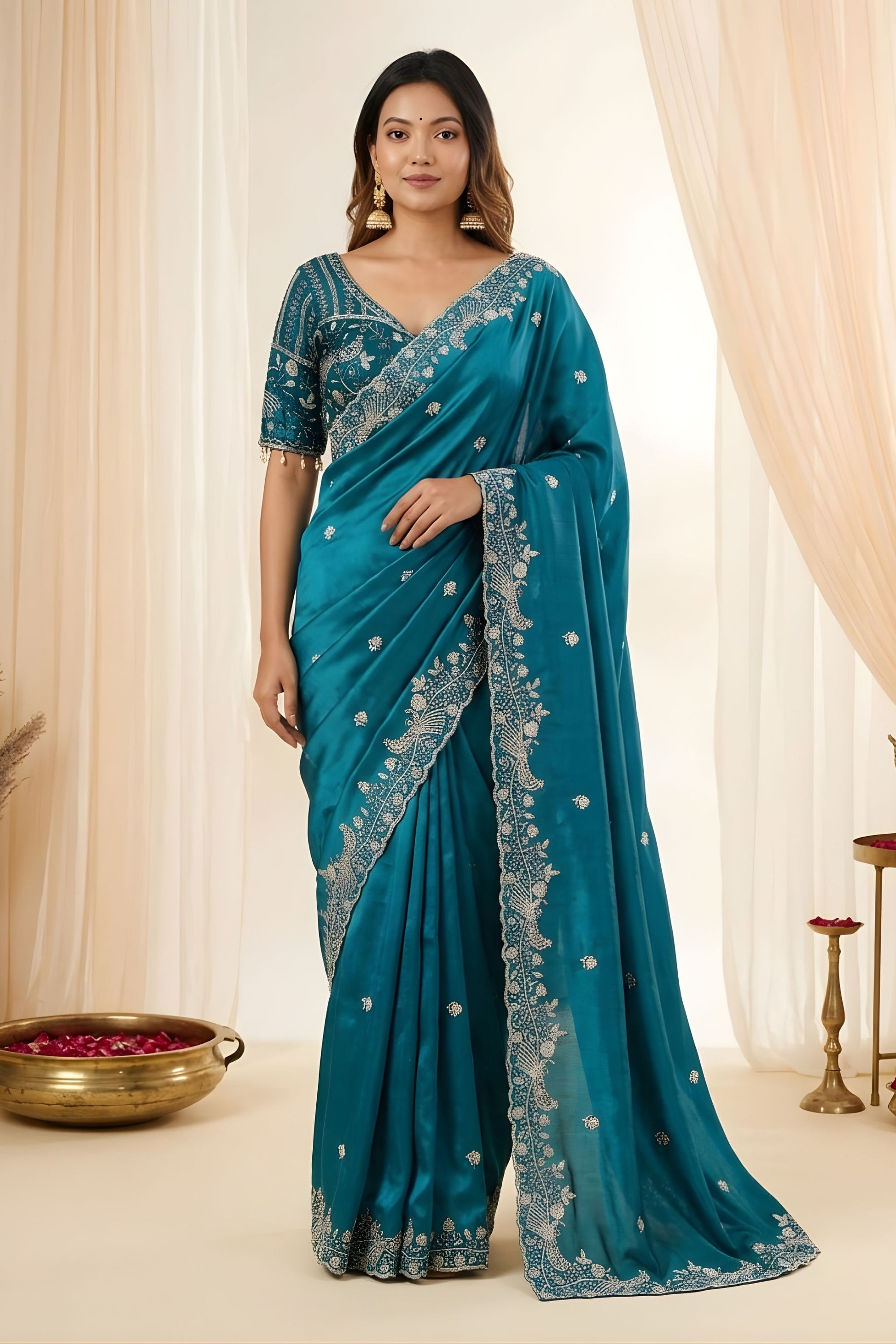 Teal Blue Fendy Satin Saree Embroidered Border Blouse Piece for Wedding