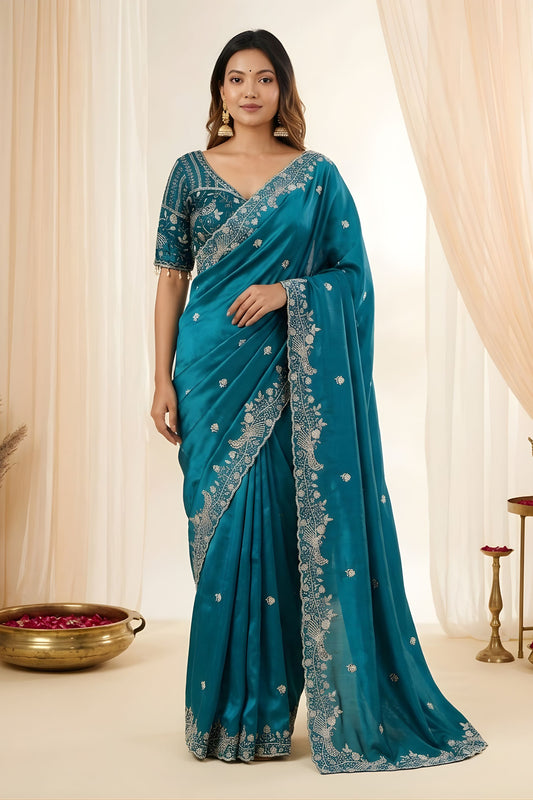 Teal Blue Fendy Satin Saree Embroidered Border Blouse Piece for Wedding