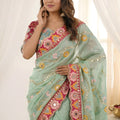 Elegant Mint Green Rangoli Silk Saree Embroidered Border Blouse Piece for Wedding