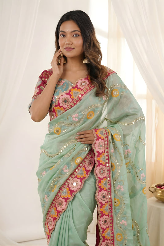 Elegant Mint Green Rangoli Silk Saree Embroidered Border Blouse Piece for Wedding