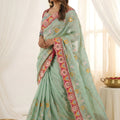 Elegant Mint Green Rangoli Silk Saree Embroidered Border Blouse Piece for Wedding