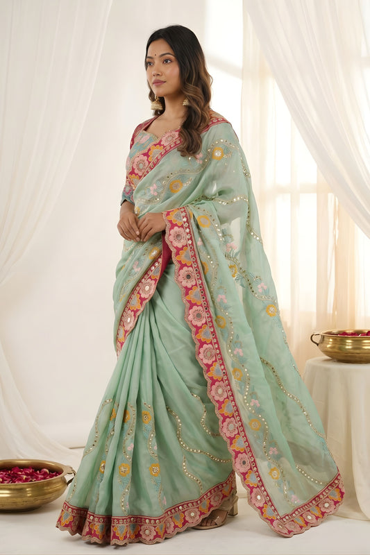 Elegant Mint Green Rangoli Silk Saree Embroidered Border Blouse Piece for Wedding