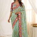Elegant Mint Green Rangoli Silk Saree Embroidered Border Blouse Piece for Wedding