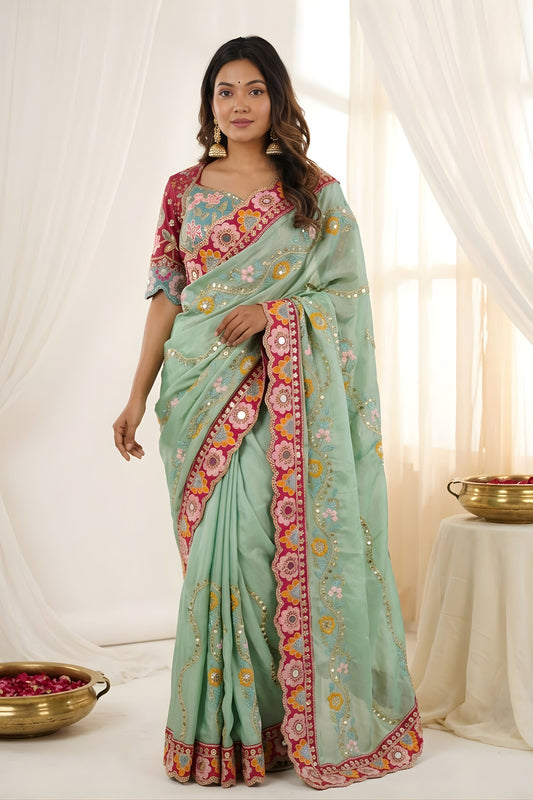 Elegant Mint Green Rangoli Silk Saree Embroidered Border Blouse Piece for Wedding