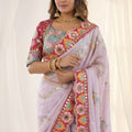 Lavender Rangoli Silk Saree Heavy Embroidered Border Blouse Piece for Wedding