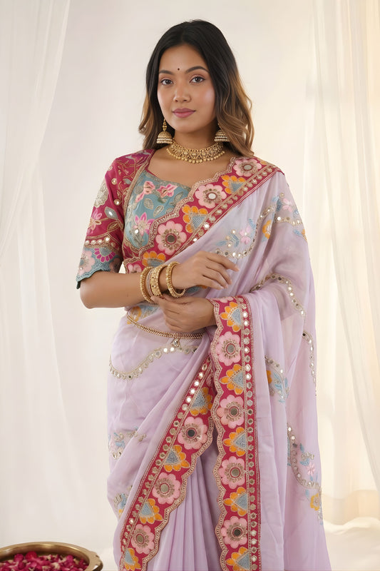 Lavender Rangoli Silk Saree Heavy Embroidered Border Blouse Piece for Wedding