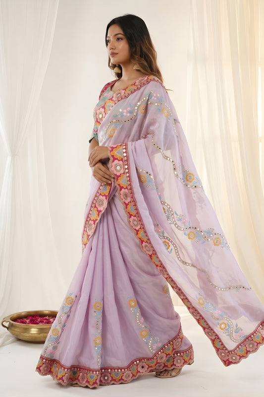 Lavender Rangoli Silk Saree Heavy Embroidered Border Blouse Piece for Wedding