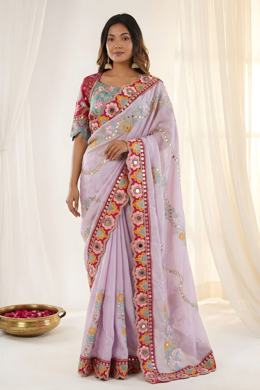 Lavender Rangoli Silk Saree Heavy Embroidered Border Blouse Piece for Wedding