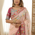 Elegant Peach Rangoli Silk Saree Heavy Embroidered Border Blouse Piece For Wedding
