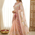 Elegant Peach Rangoli Silk Saree Heavy Embroidered Border Blouse Piece For Wedding