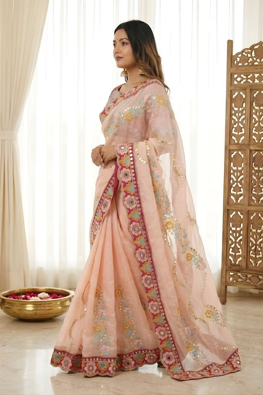 Elegant Peach Rangoli Silk Saree Heavy Embroidered Border Blouse Piece For Wedding