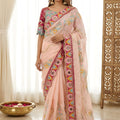 Elegant Peach Rangoli Silk Saree Heavy Embroidered Border Blouse Piece For Wedding