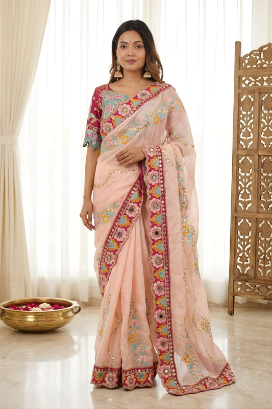 Elegant Peach Rangoli Silk Saree Heavy Embroidered Border Blouse Piece For Wedding