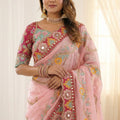 Beautiful Baby Pink Rangoli Silk Saree Embroidered Border Blouse Piece for Wedding