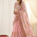 Beautiful Baby Pink Rangoli Silk Saree Embroidered Border Blouse Piece for Wedding