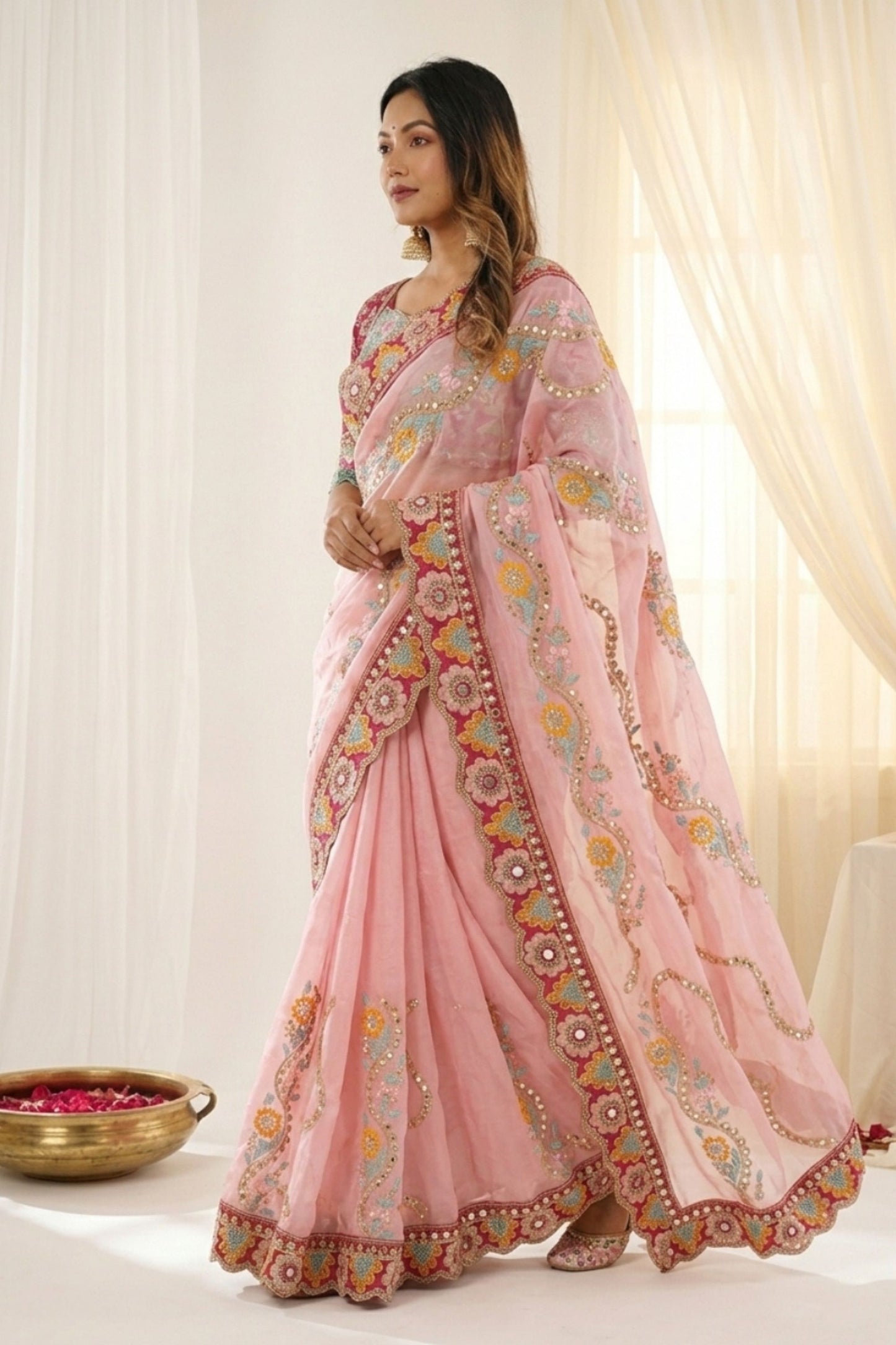 Beautiful Baby Pink Rangoli Silk Saree Embroidered Border Blouse Piece for Wedding