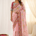 Beautiful Baby Pink Rangoli Silk Saree Embroidered Border Blouse Piece for Wedding