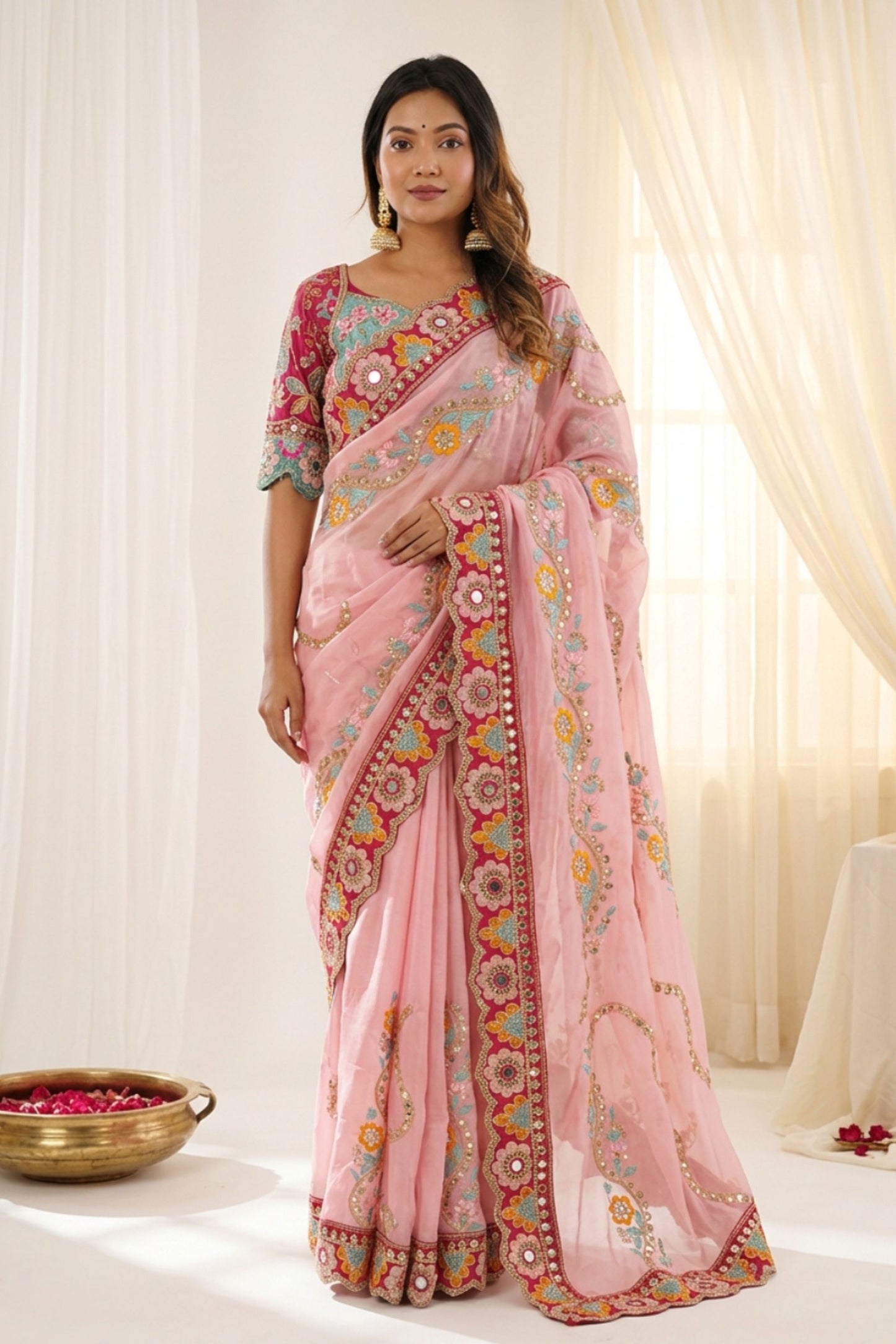 Beautiful Baby Pink Rangoli Silk Saree Embroidered Border Blouse Piece for Wedding