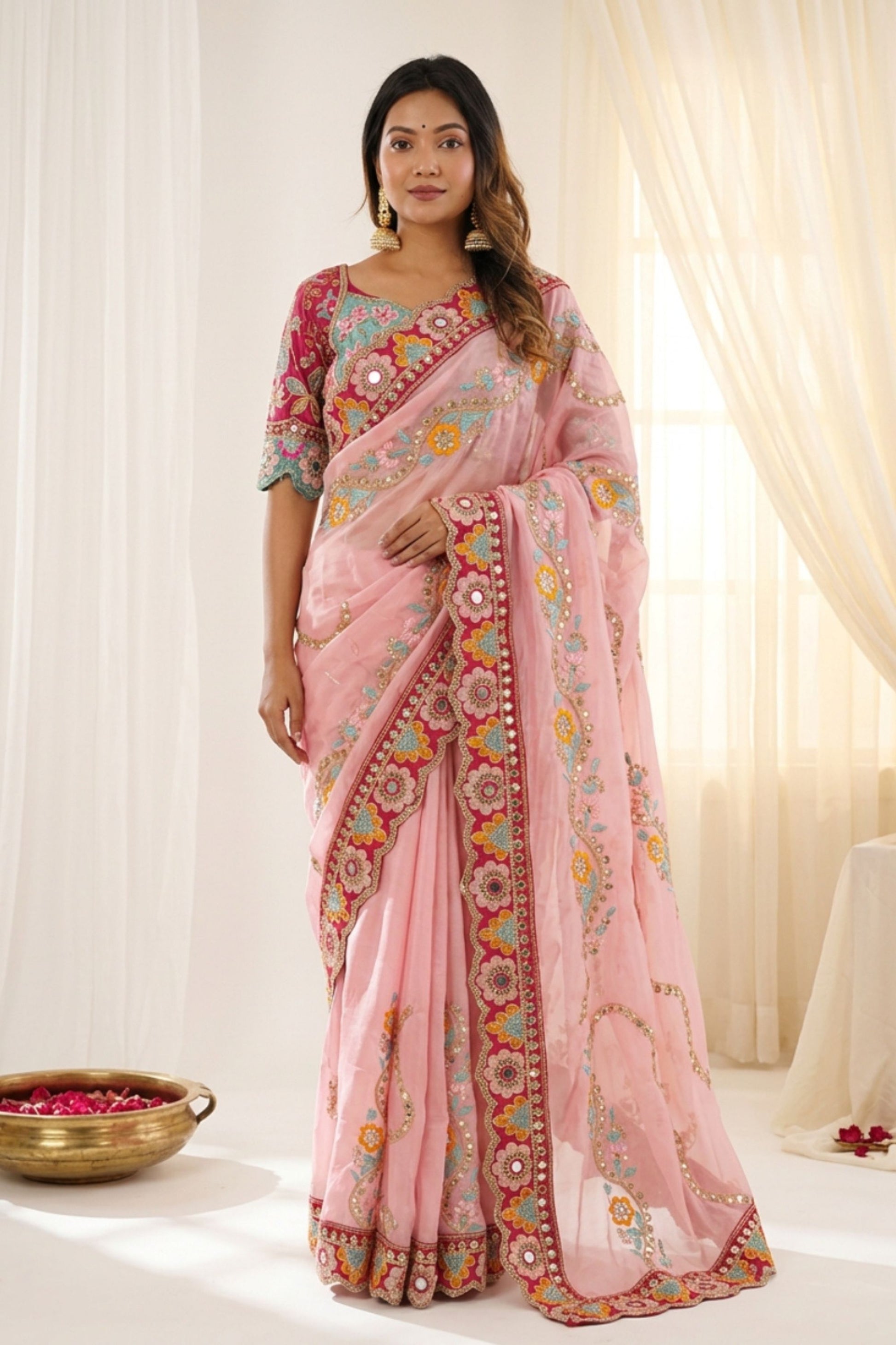 Beautiful Baby Pink Rangoli Silk Saree Embroidered Border Blouse Piece for Wedding