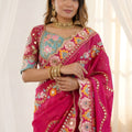 Beautifull Rani Pink Rangoli Silk Saree Embroidered Border Blouse Piece for Wedding